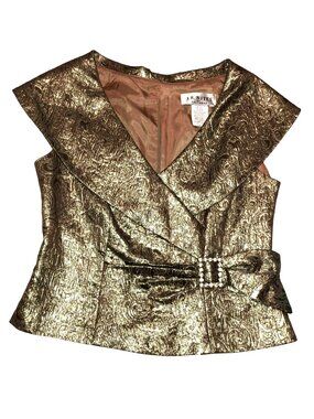 VTg J.R. Nites Gold Brocade Blouse Sz 11 USA Jeweled Buckle Detail Rear Zipper